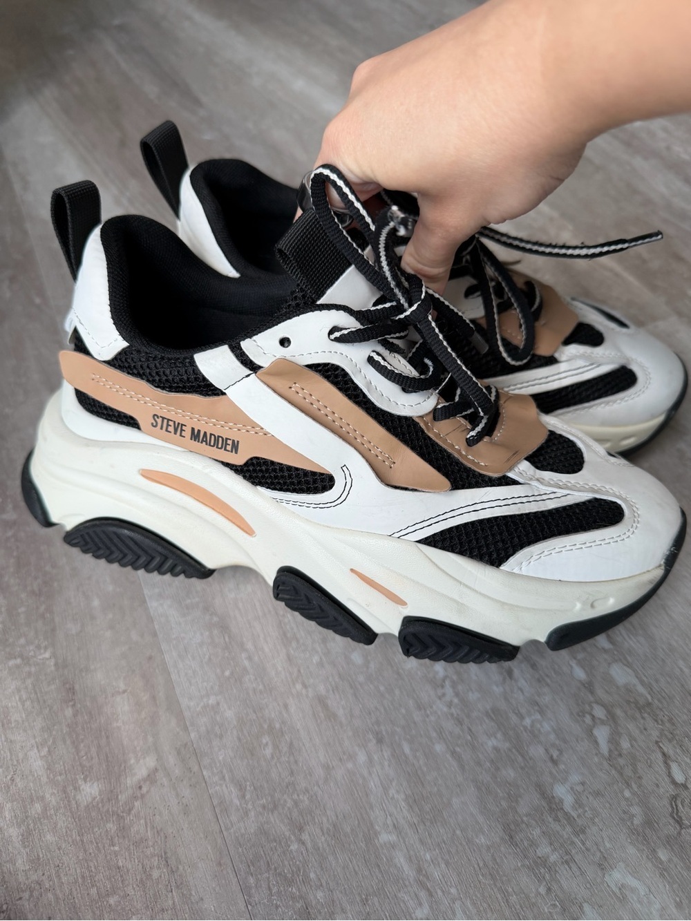 Steve Madden Platform Sneakers in White, Black & Tan